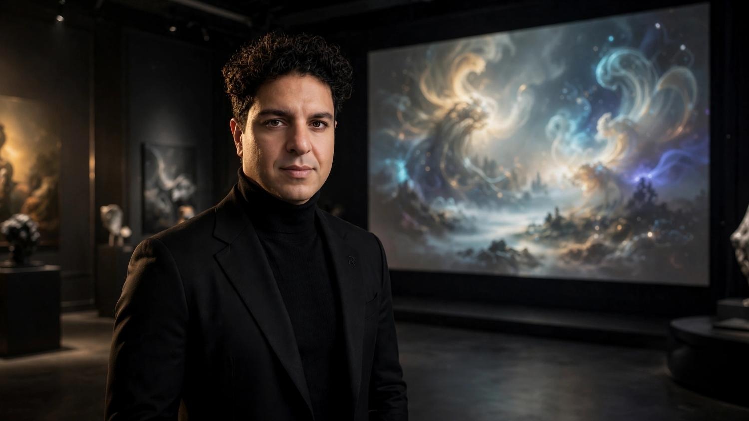 Rahul Sharma in a dark gallery before a celestial painting